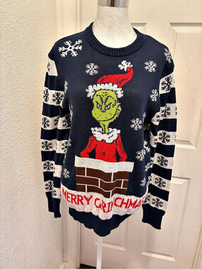 The Grinch Christmas Sweater Color Block Crewneck in Blue & White Size